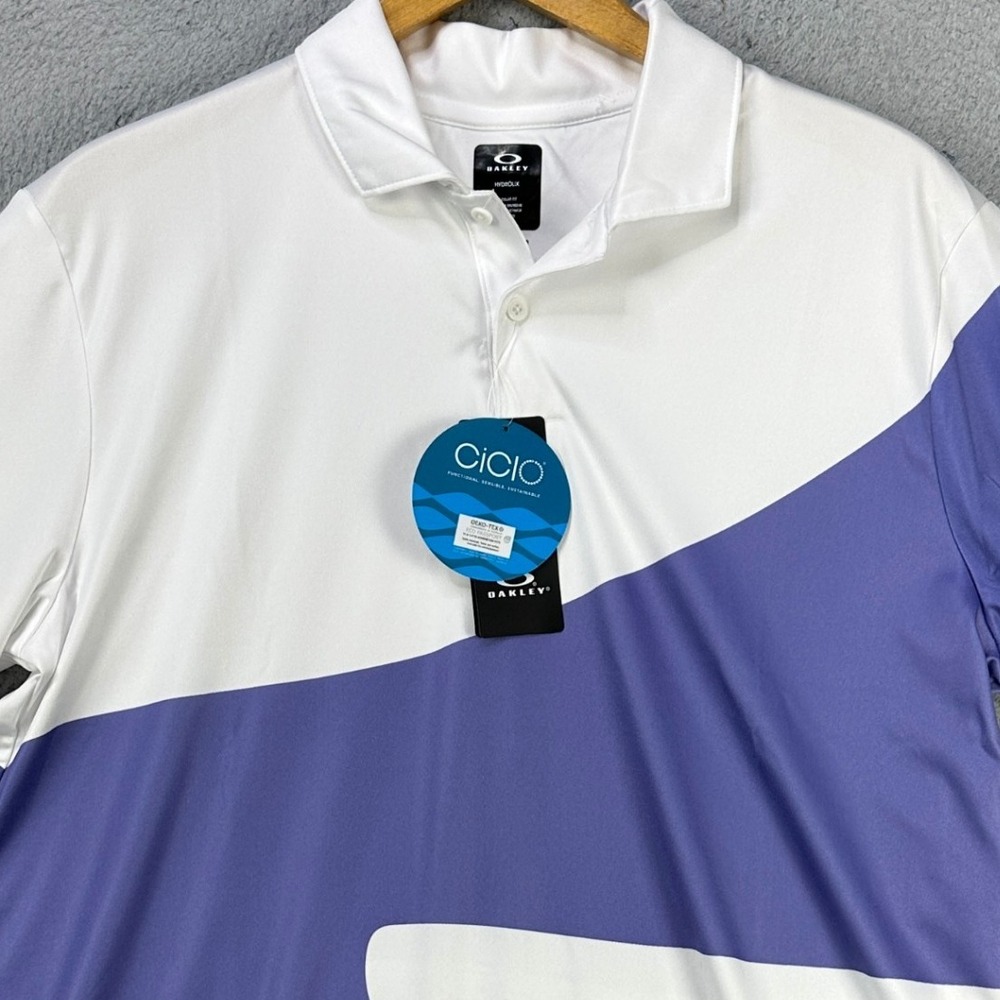 Oakley Hydrolix Men Golf Polo Shirt Large White Purple Colorblock Rugby Logo NEW